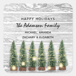 Happy Holidays Merry Christmas Tree Name Rustic Square Sticker
