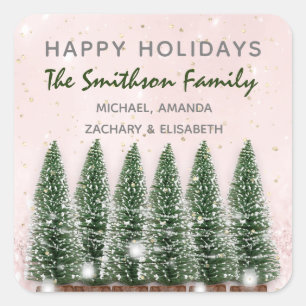 Happy Holidays Merry Christmas Trees Lights Pink Square Sticker