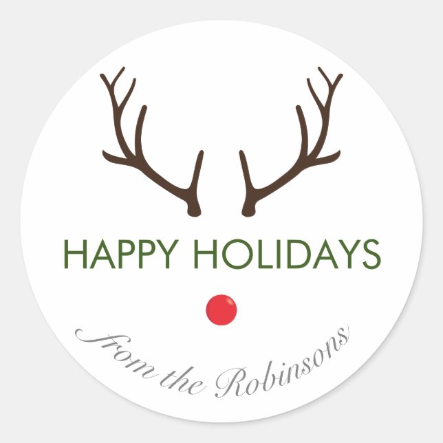 "Happy Holidays" Minimal Abstract Rudolph Reindeer Classic Round Sticker (Front)