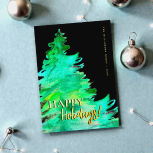 Happy Holidays Minimal Pine watercolor Business Foil Holiday Card