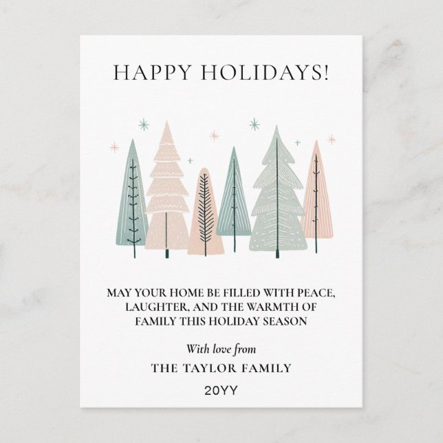 Happy Holidays Minimalist Boho Forest Trees Holiday Postcard (Front)