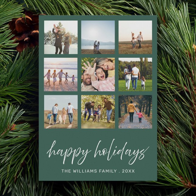 Happy Holidays Minimalist Script 9 Photo Collage Holiday Card (Creator Uploaded)