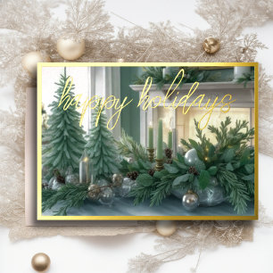 Happy Holidays Mint Green Floral Table Home Holiday Card