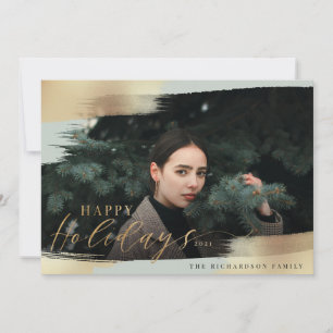 Happy Holidays Mint Green & Gold Foil Brush Photo Holiday Card