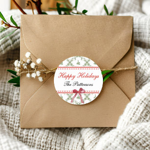 Happy Holidays Mistletoe Red Bow Custom Christmas Classic Round Sticker