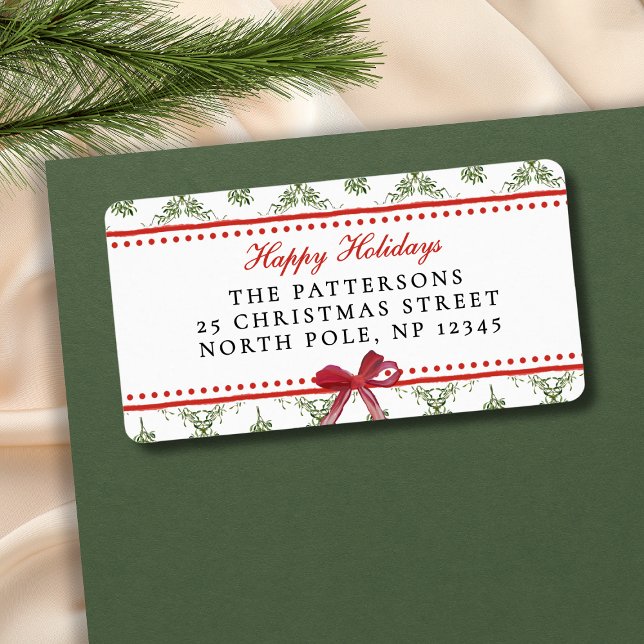 Happy Holidays Mistletoe Red Bow Custom Christmas Label (Creator Uploaded)