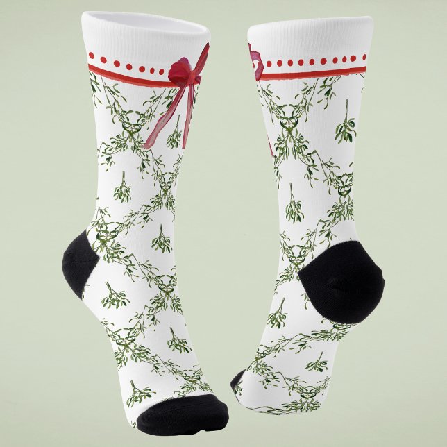 Happy Holidays Mistletoe Red Bow Custom Christmas Socks (Creator Uploaded)