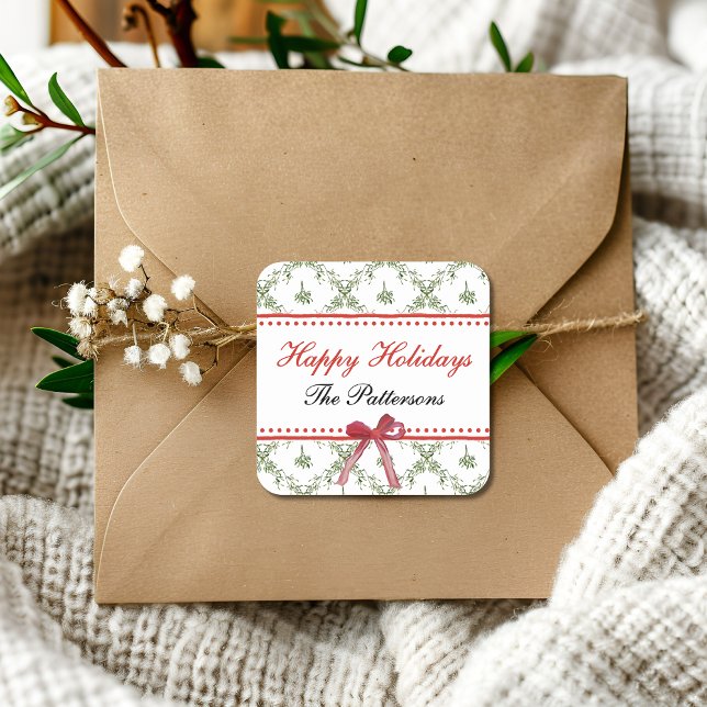 Happy Holidays Mistletoe Red Bow Custom Christmas Square Sticker (Creator Uploaded)
