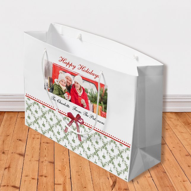 Happy Holidays Mistletoe Red Bow Custom Name Photo Large Gift Bag (Creator Uploaded)