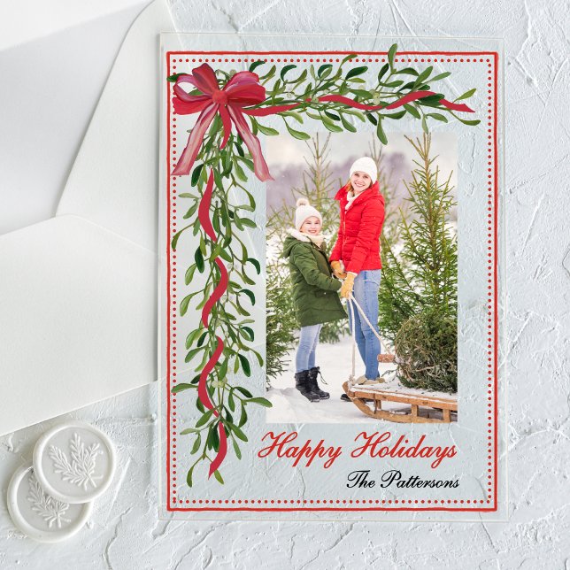 Happy Holidays Mistletoe Red Bow Family Photo Acrylic Invitations (Creator Uploaded)