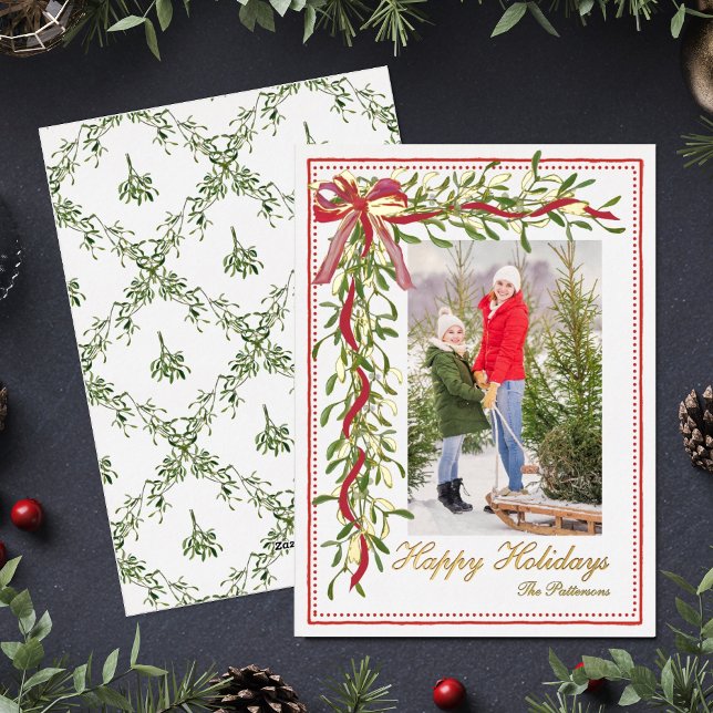 Happy Holidays Mistletoe Red Bow Family Photo Foil Holiday Card (Creator Uploaded)