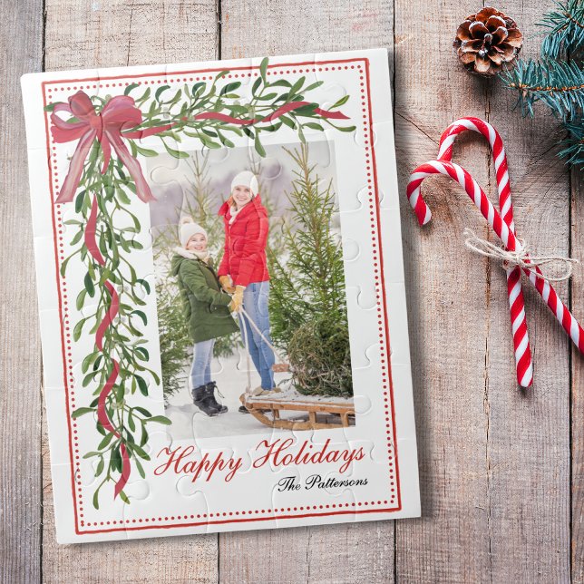 Happy Holidays Mistletoe Red Bow Family Photo Jigsaw Puzzle (Creator Uploaded)