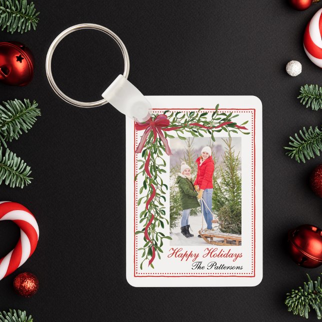 Happy Holidays Mistletoe Red Bow Family Photo Key Ring (Creator Uploaded)