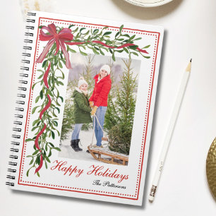 Happy Holidays Mistletoe Red Bow Family Photo Notebook