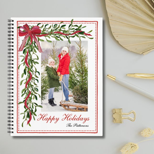Happy Holidays Mistletoe Red Bow Family Photo Notebook (Creator Uploaded)