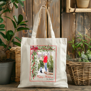 Happy Holidays Mistletoe Red Bow Family Photo Tote Bag