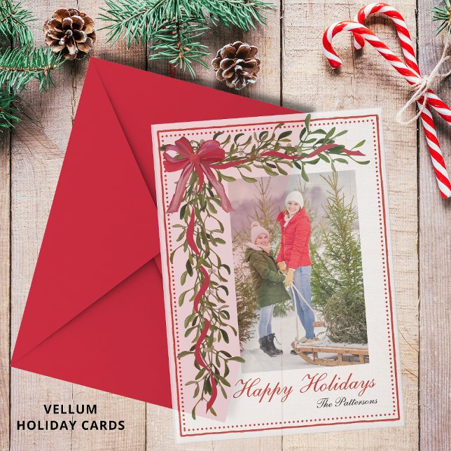 Happy Holidays Mistletoe Red Bow Family Photo Vellum Invitations (Creator Uploaded)