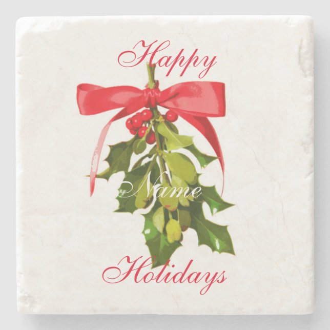 Happy Holidays mistletoe Stone Coaster (Front)