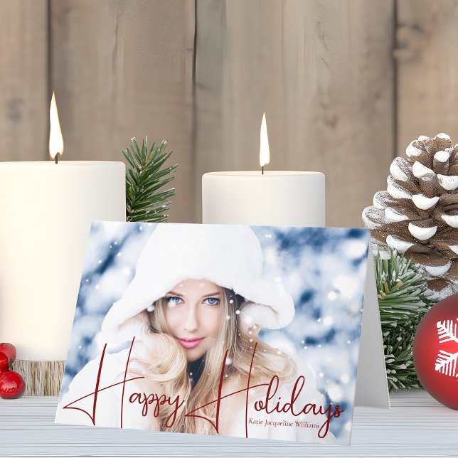 Happy Holidays Model Headshot Red Script Christmas Holiday Card (Creator Uploaded)