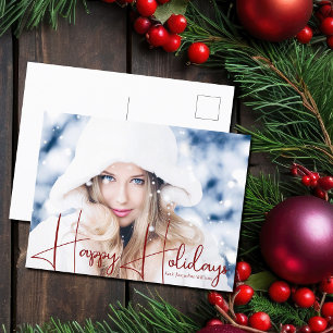 Happy Holidays Model Headshot Red Script Overlay Holiday Postcard