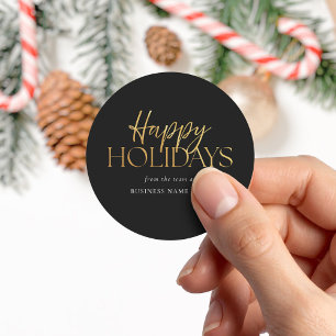 Happy Holidays Modern Black Gold Script Business Classic Round Sticker
