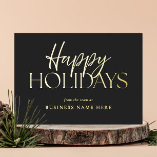 Happy Holidays Modern Black Gold Script Business Foil Holiday Card