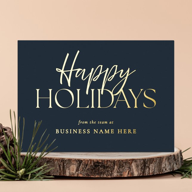 Happy Holidays Modern Blue Gold Script Business Foil Holiday Card (Creator Uploaded)