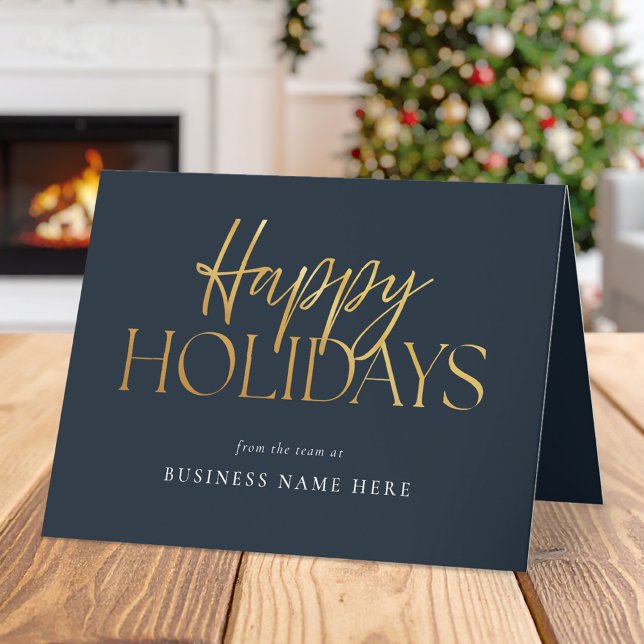 Happy Holidays Modern Blue Gold Script Business Holiday Card (Creator Uploaded)