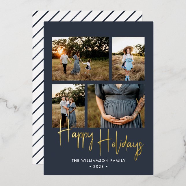 Happy Holidays Modern Blue Photo Collage Gold Foil Holiday Card (Front/Back)