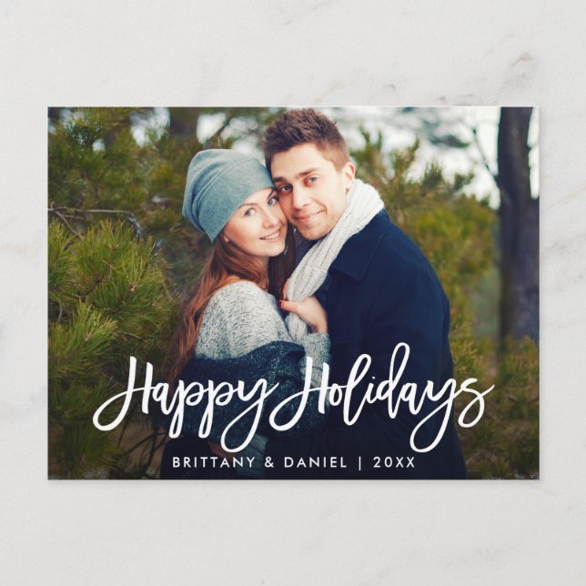 Happy Holidays Modern Brush Script Photo Postcard (Front)