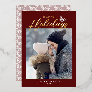 Happy Holidays Modern Calligraphy Photo Red Gold Foil Holiday Card