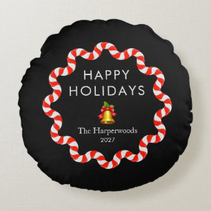 Happy Holidays Modern Candy Cane Christmas Family Round Cushion