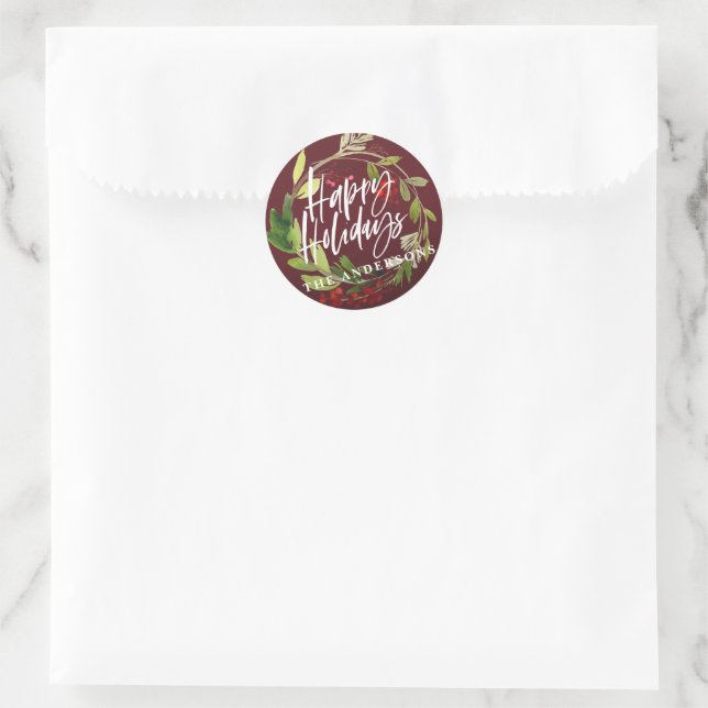 Happy Holidays modern chic watercolor foliage Classic Round Sticker (Bag)