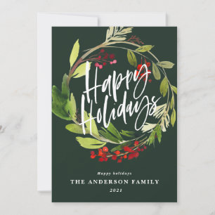 Happy Holidays modern chic watercolor foliage Holiday Card