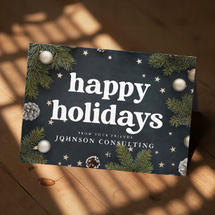 Happy Holidays Modern Christmas Ornaments and Pine Holiday Card