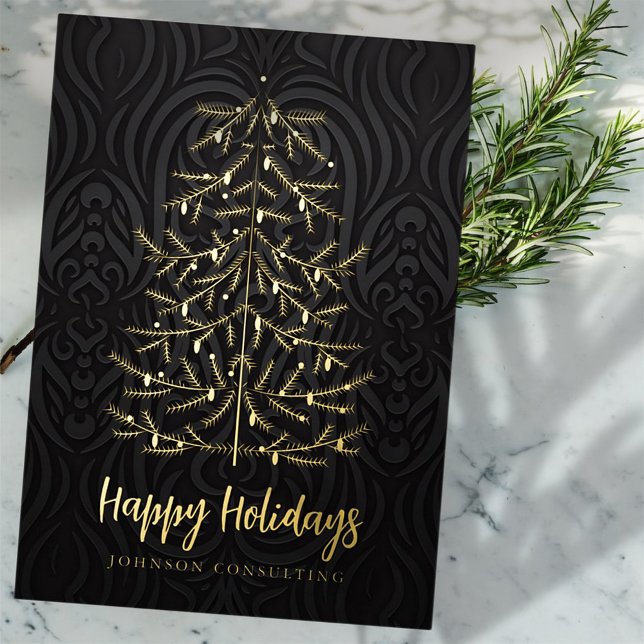 Happy Holidays Modern Christmas Tree Damask Foil Holiday Card (Creator Uploaded)