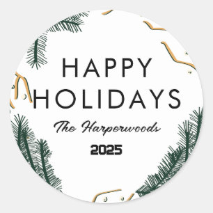 Happy Holidays Modern Elegant Christmas Family Classic Round Sticker