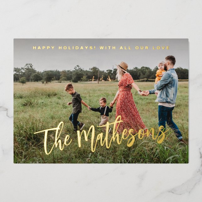 Happy Holidays Modern Family Photo Custom Foil Holiday Card (Front)