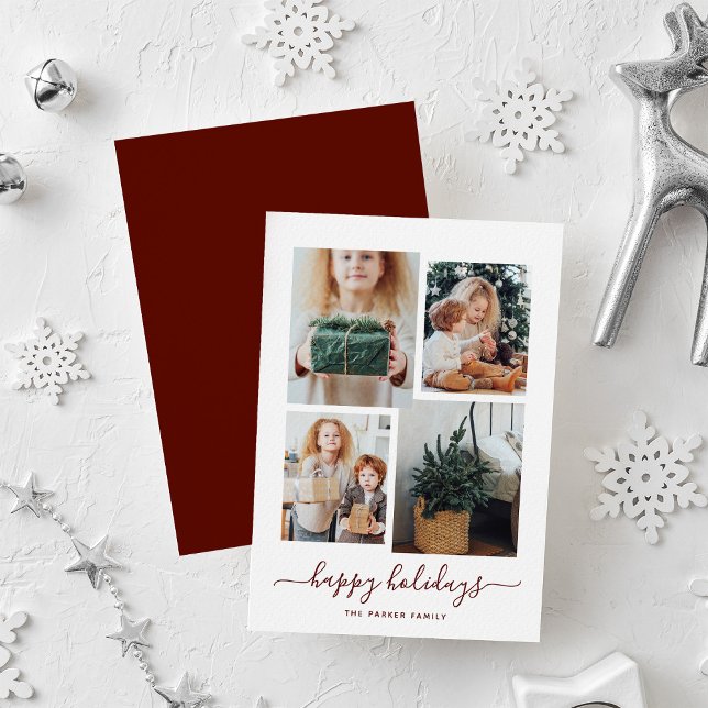 Happy Holidays | Modern Four Photo Collage Holiday Card (A modern photo collage for your holiday greetings)