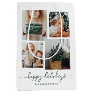 Happy Holidays Modern Four Photo Collage Medium Gift Bag