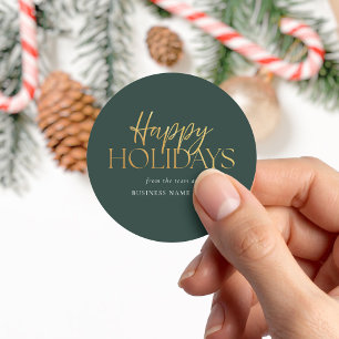 Happy Holidays Modern Green Gold Script Business Classic Round Sticker