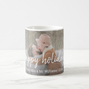 happy holidays, modern handwriting wedding photo coffee mug