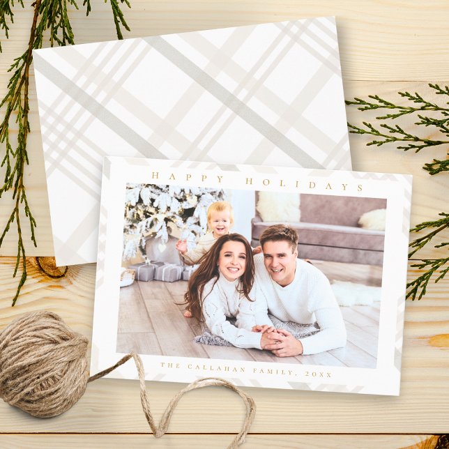 Happy Holidays Modern Minimal Plaid Photo Holiday Card (Creator Uploaded)