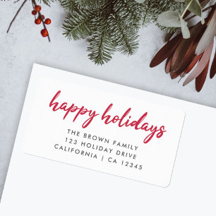 Happy Holidays   Modern Minimal Red Return Address Label