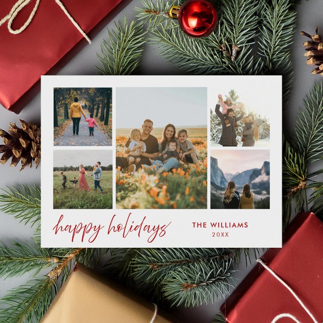 Happy Holidays Modern Minimalist 5 Photo Collage Holiday Card (Creator Uploaded)