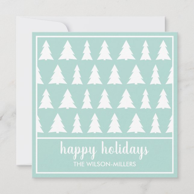 Happy Holidays Modern Mint Green Tree Pattern Holiday Card (Front)
