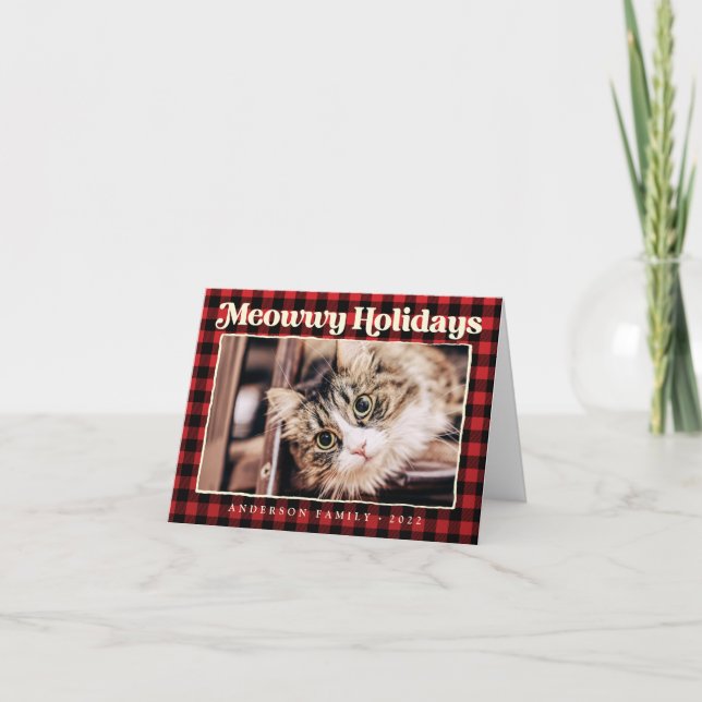 Happy Holidays Modern Plaid Funny Pet Cat Photo Holiday Card (Front)
