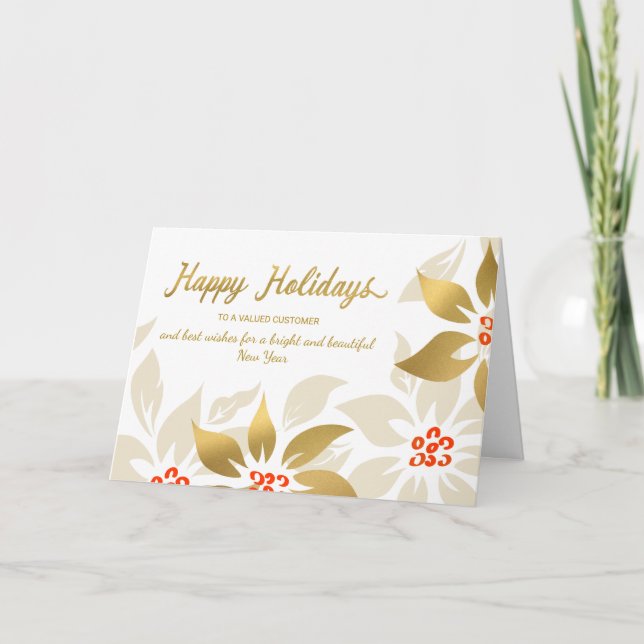 Happy Holidays Modern Poinsettia Faux Gold Foil Holiday Card (Front)