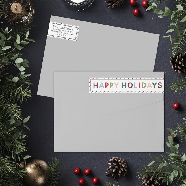Happy Holidays Modern Rainbow Stripes Holiday Wrap Around Label (Creator Uploaded)