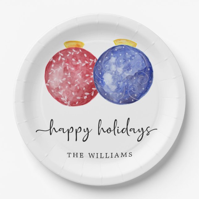 Happy Holidays Modern Red Blue Ornaments Simple Paper Plate (Front)